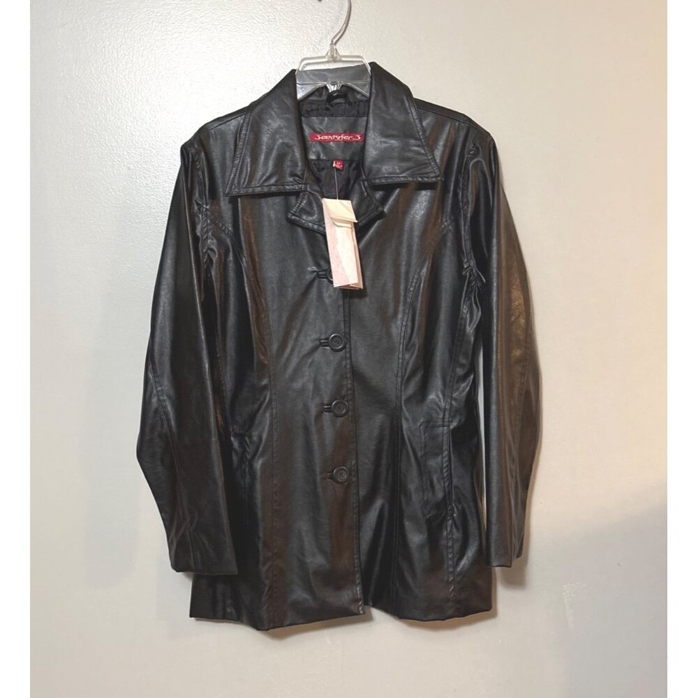 NWT Vtg Jennifer J Womens Black Faux Leather Button-Up‎ Jacket 2X
